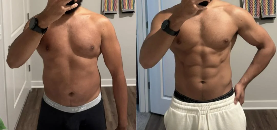 6 month body transformation with Retatrutide showing dramatic fat loss and muscle definition - before and after comparison