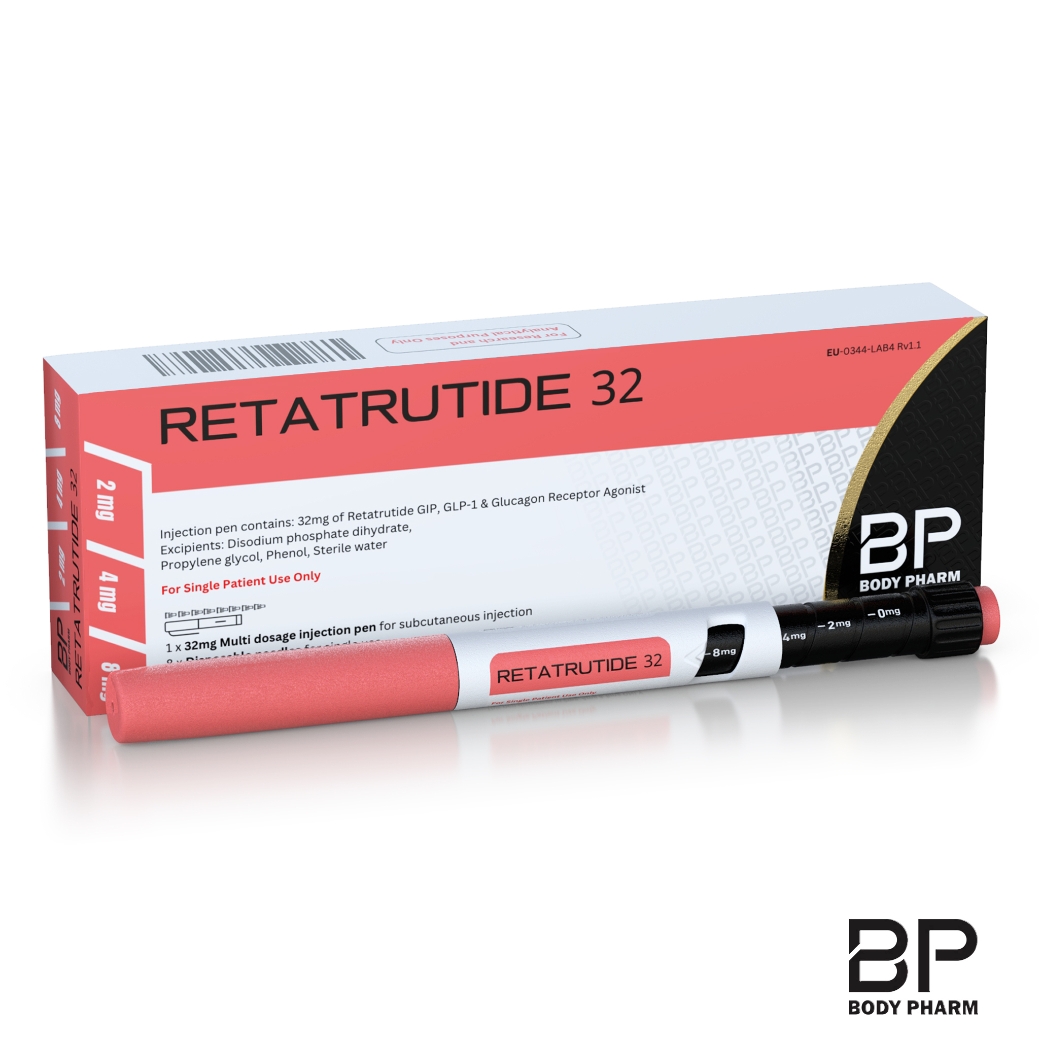 Body Pharm Retatrutide 32 Pen complete product packaging with injection pen